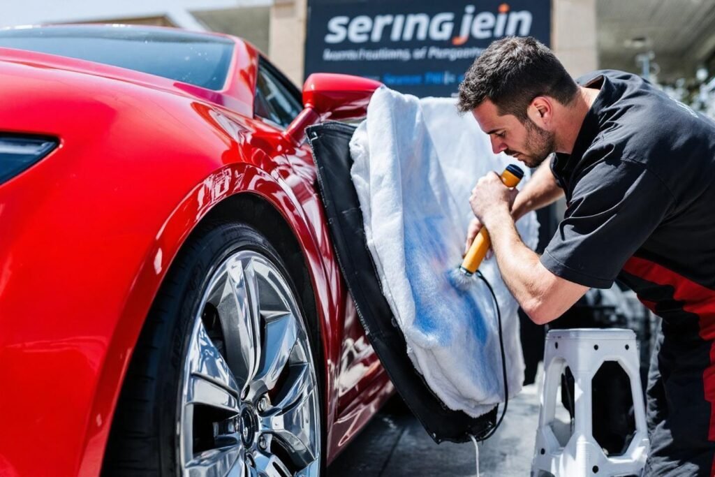 Technicien essuyant soigneusement une voiture de luxe rouge brillante