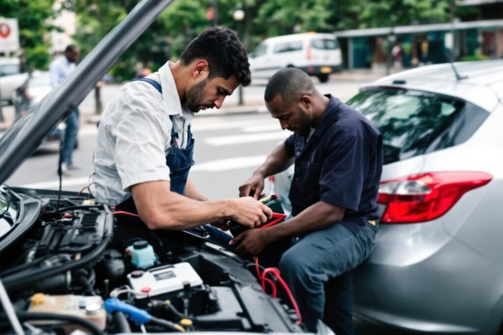 Deux mécaniciens travaillant ensemble sur le moteur d'une voiture