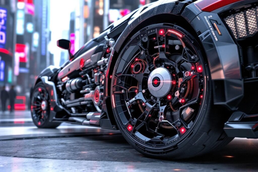 Détail technologique d'une roue de véhicule high-tech avec lumières rouges
