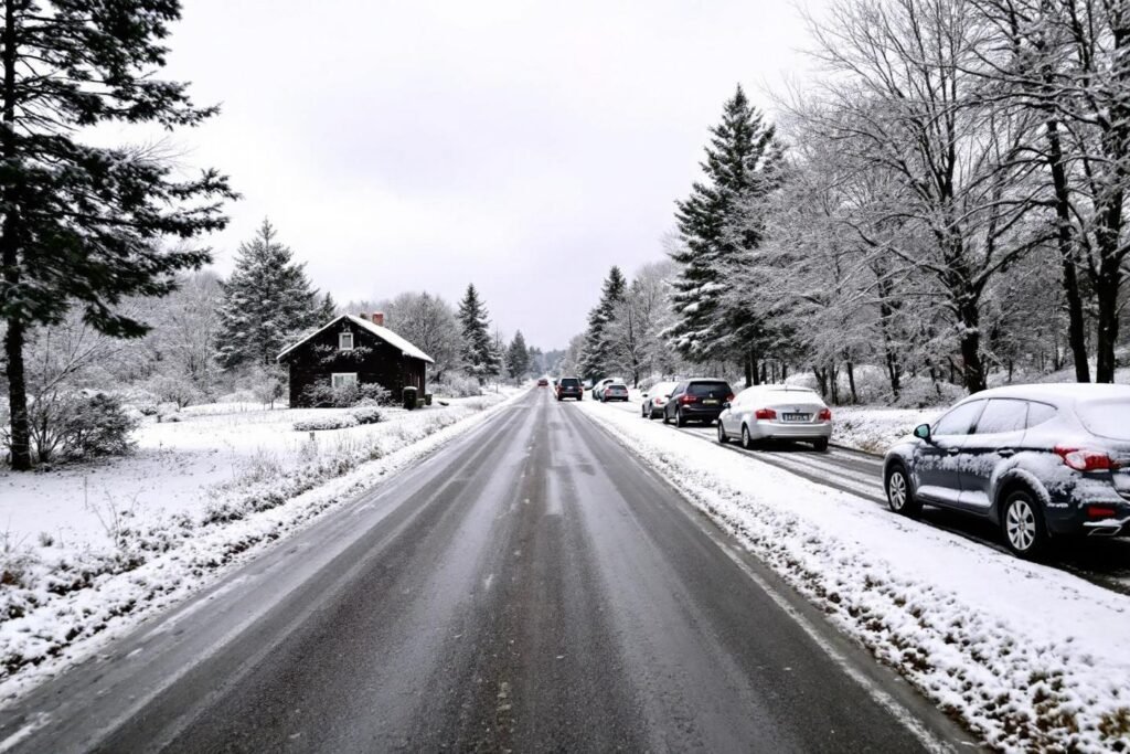 Rue bordée de voitures et d'arbres couverts de neige