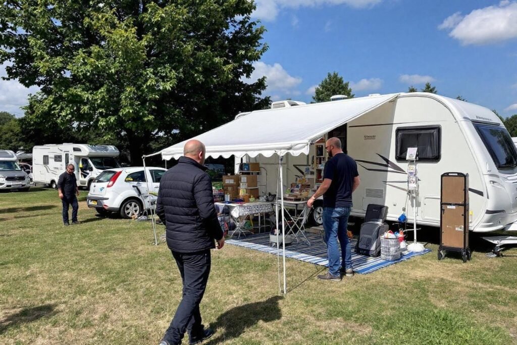 Caravanes blanches, tente et personnes dans un camping verdoyant
