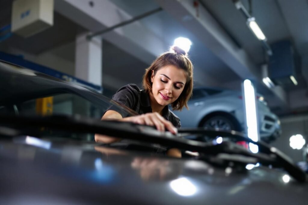 Femme concentrée réparant une voiture dans un garage