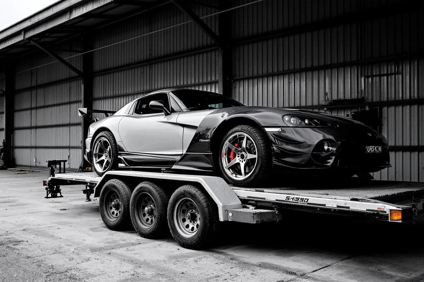 Supercar blanche et noire sur une remorque à trois essieux