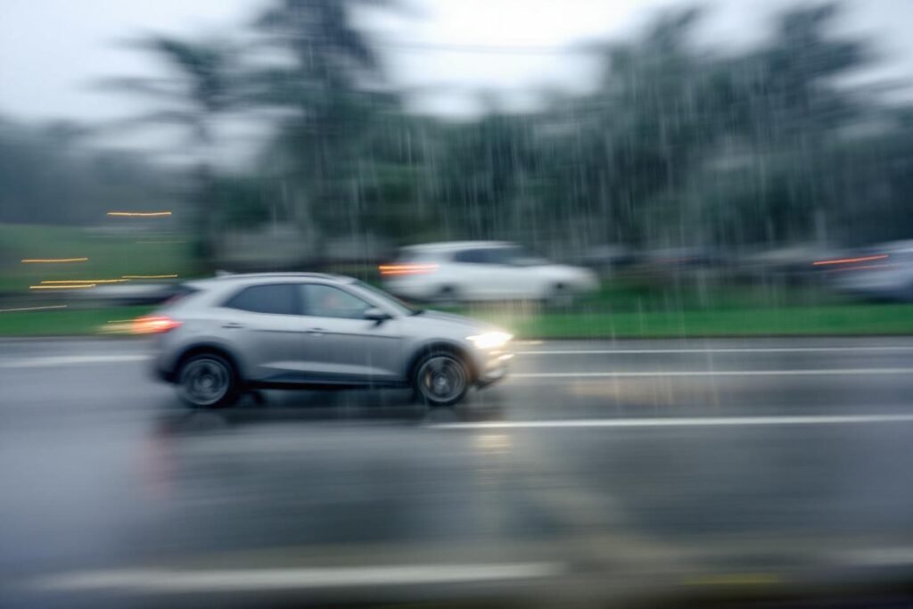 SUV gris roulant sur route mouillée avec effet de flou