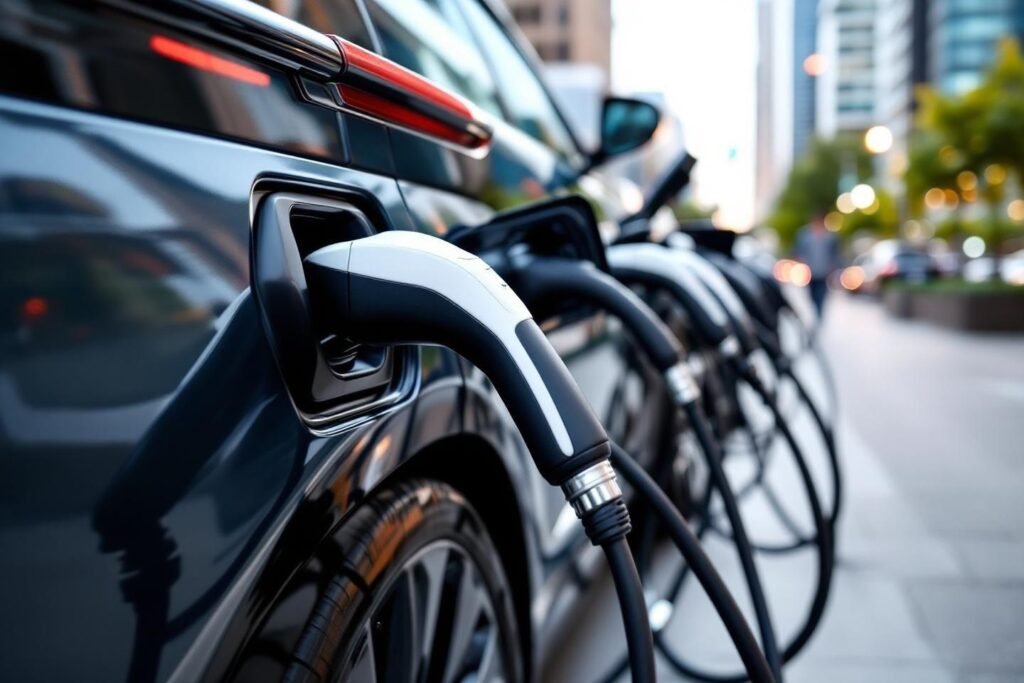 Plusieurs véhicules électriques branchés à des bornes de recharge